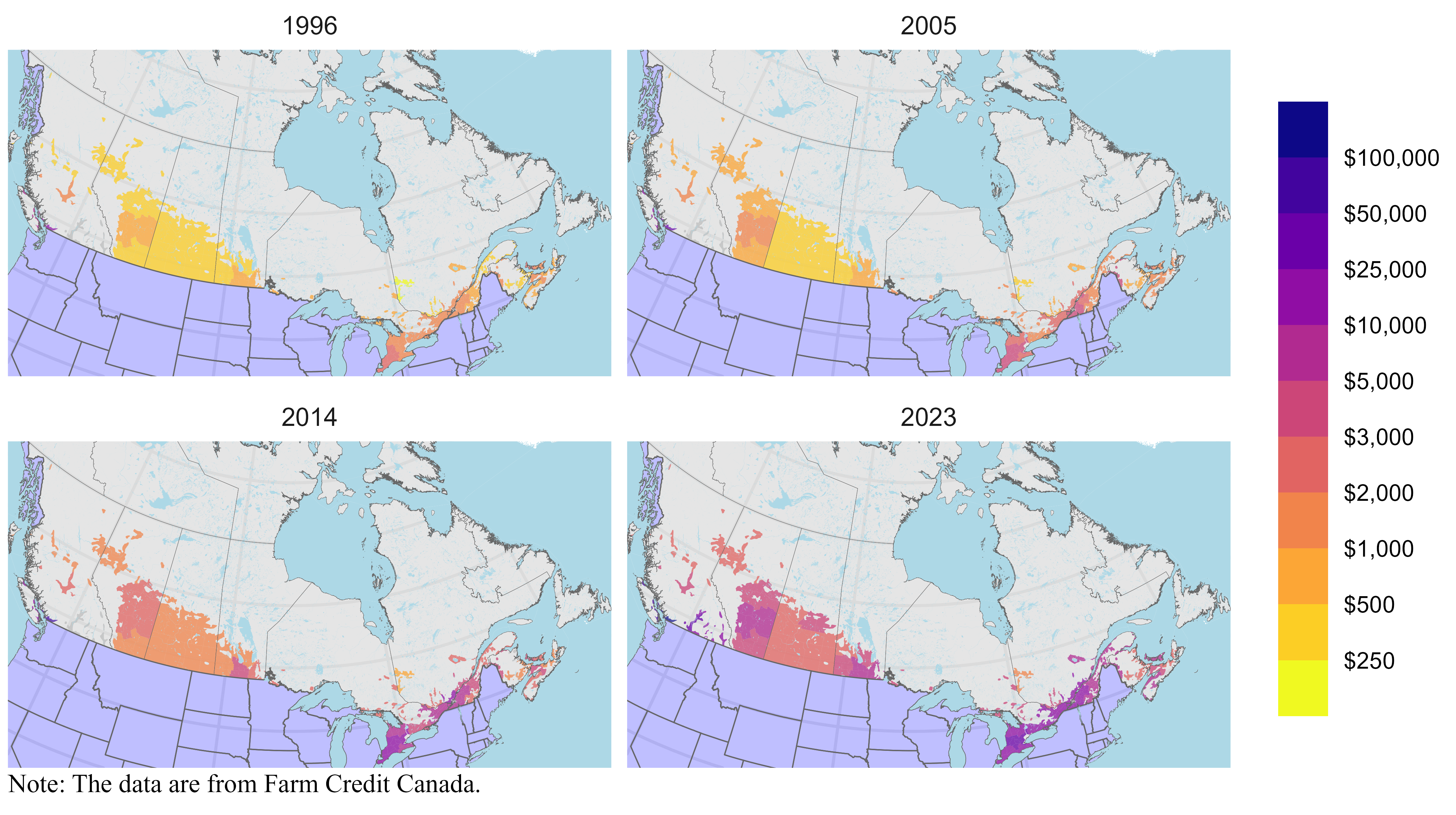 Maps of farmland values per acre in Canada for selected years